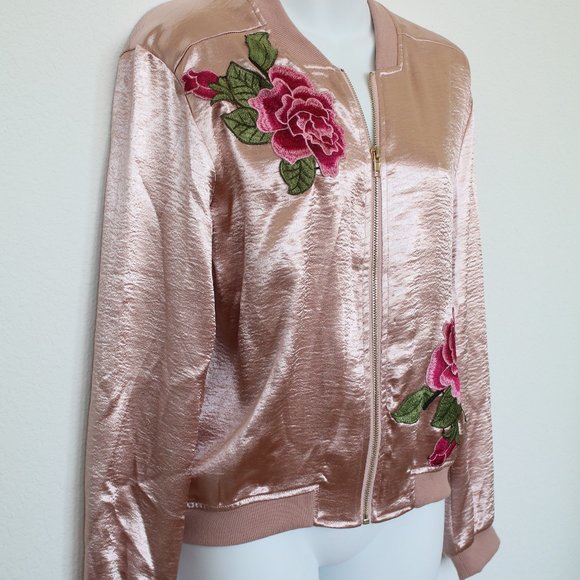 LIPSLIDE Bomber SILKY JACKET Shine EMBROIDERED Flower Detail VINTAGE - Size S - Picture 2 of 8